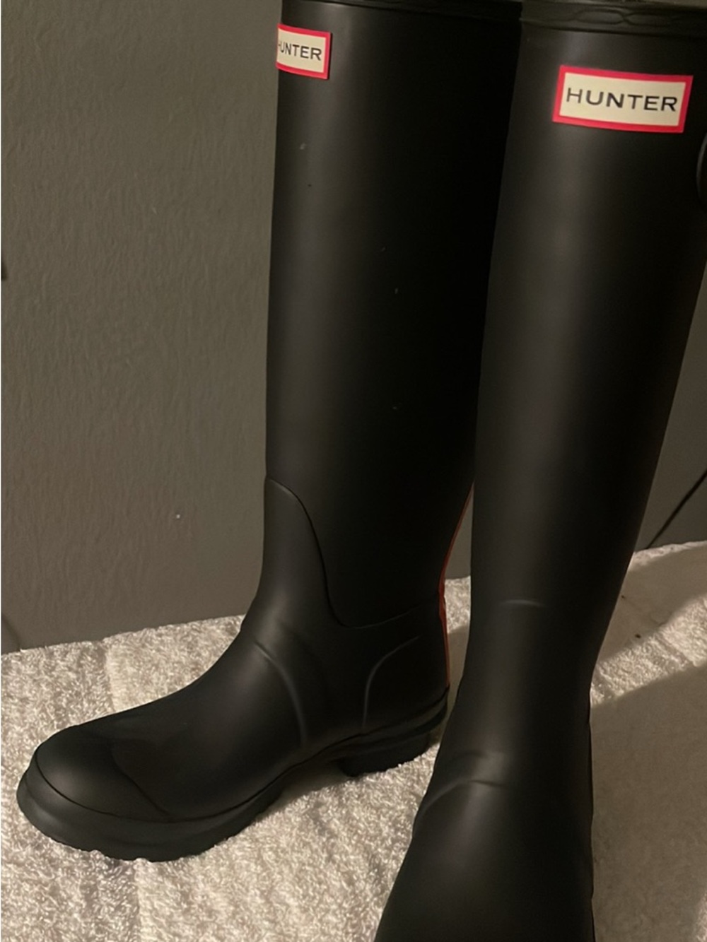 Hunter Black Rain Boots with Red & White Stripes - Picture 3 of 6